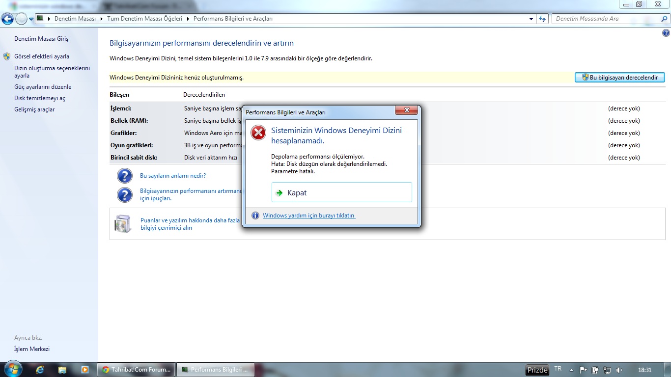  Windows Deneyim Dizini Depolama Performansı Ölçülemiyor Sorunu ! ! ! ! !