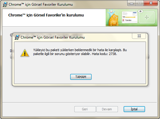  Chrome İçin 'Yandex Görsel Favoriler' Hata Alıyorum Kod:2738 Yardım Edin Lütfen