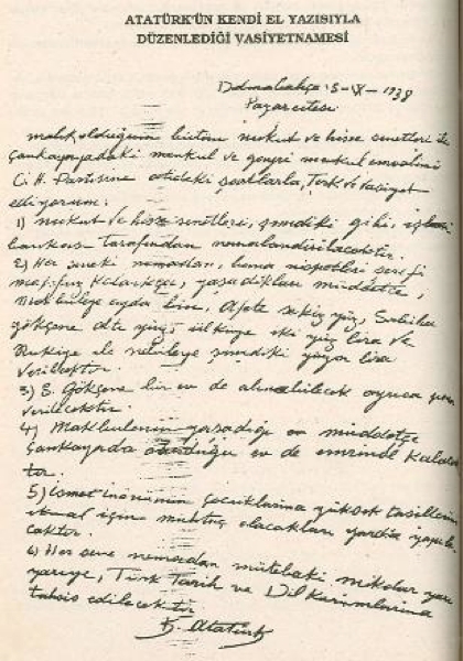 İşte Atatürk'ün el yazısıyla vasiyeti!