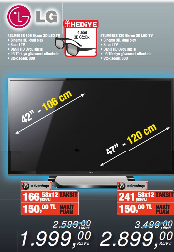  LG 42LM615S  3D LED LCD TV +4 Gözlük.....1799TL ve %10 world puan