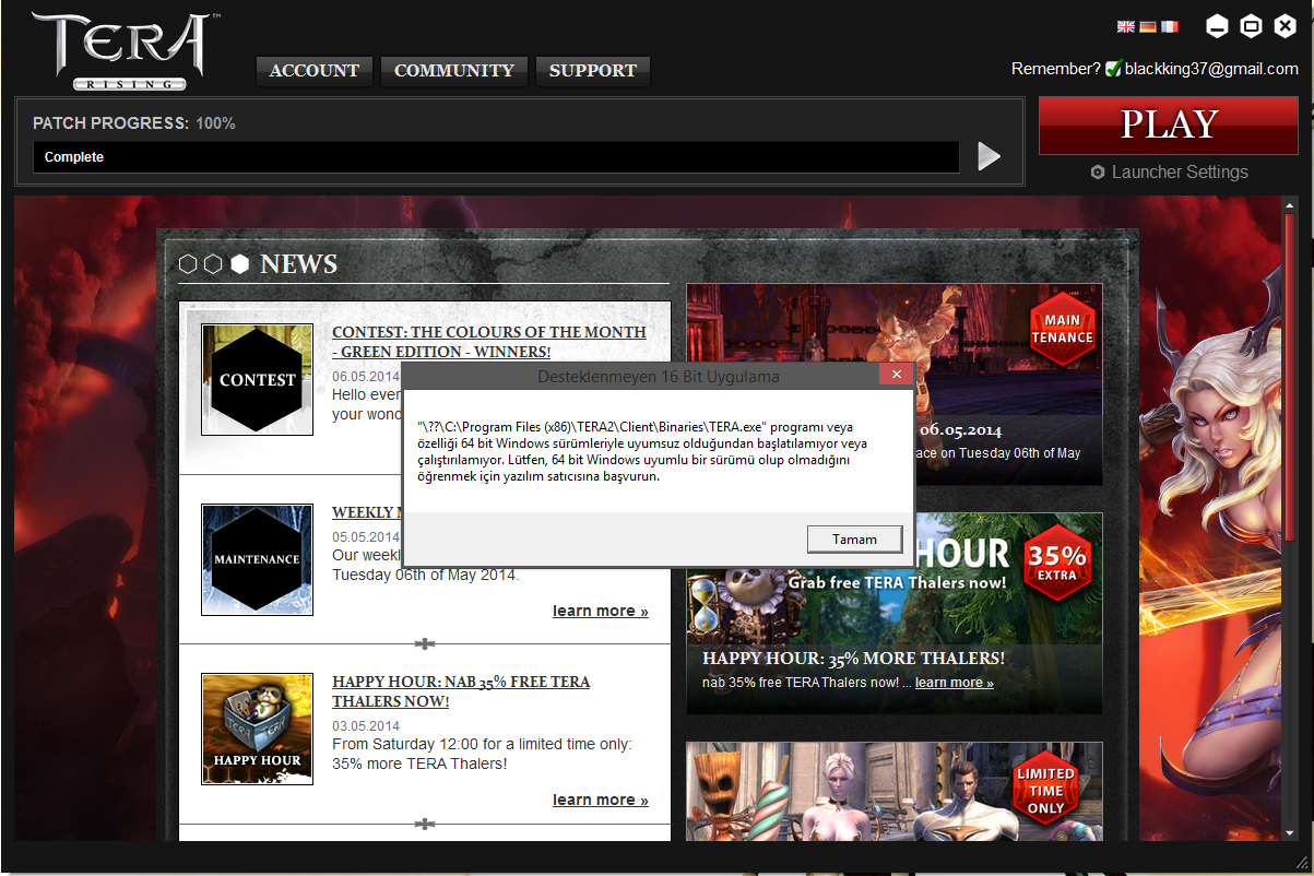  Desteklenmeyen 16-Bit Uygulama HATASI - TERA Rising Onlie
