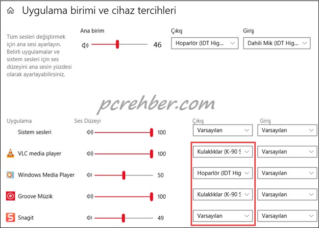 Windows 10 her programa farklı ses çıkışı