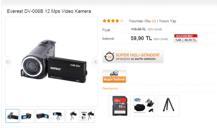  12 Mps HD Video Kamera 59.90 TL HepsiBurada