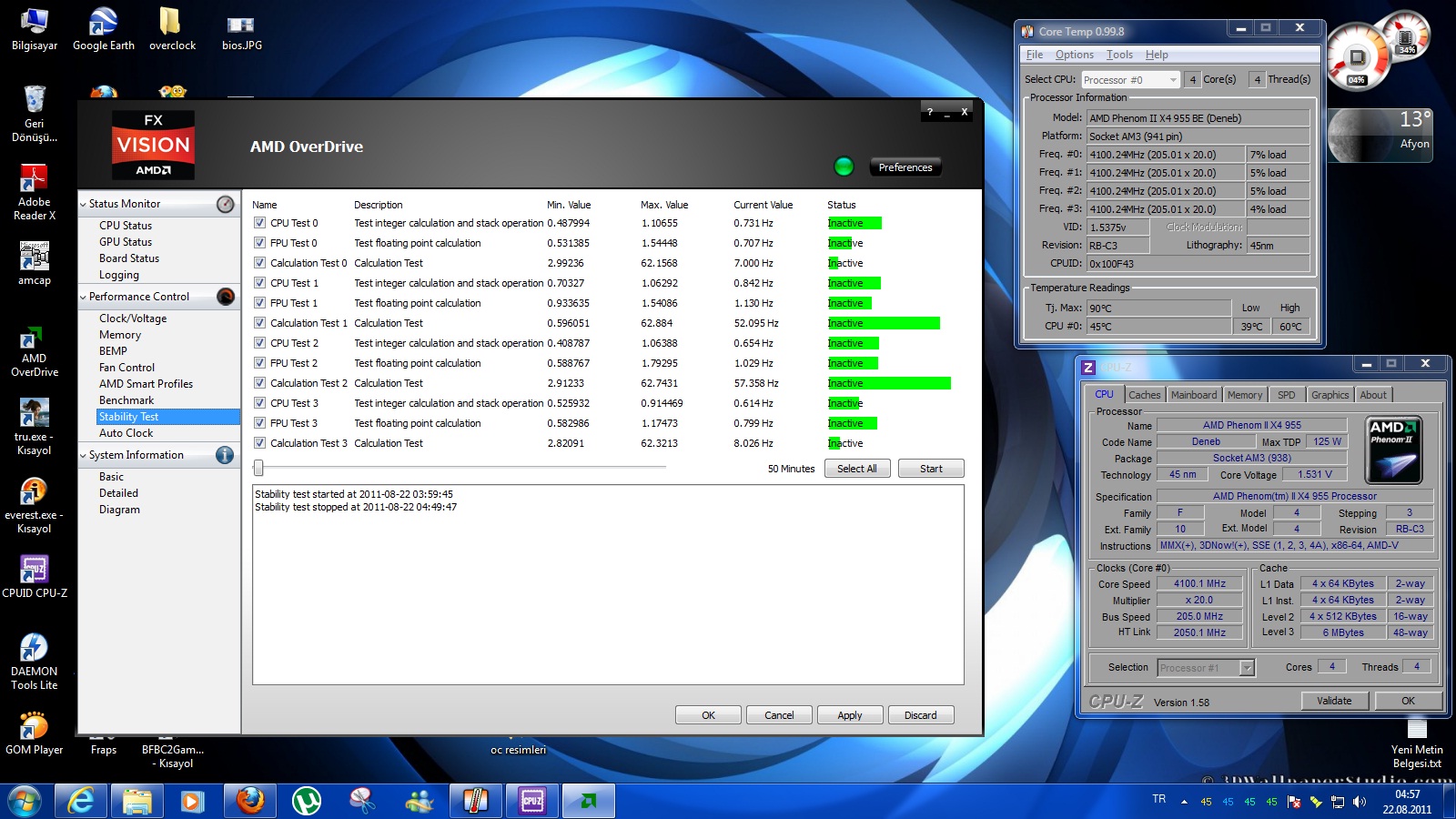  Amd Phenom II X4 955 Black Edition Overclock günlüğü
