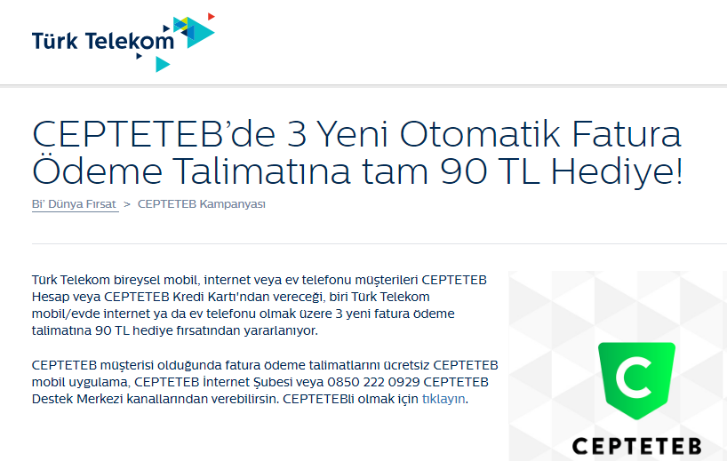 CEPTETEB’de 3 Yeni Otomatik Fatura Ödeme Talimatına tam 90 TL Hediye!