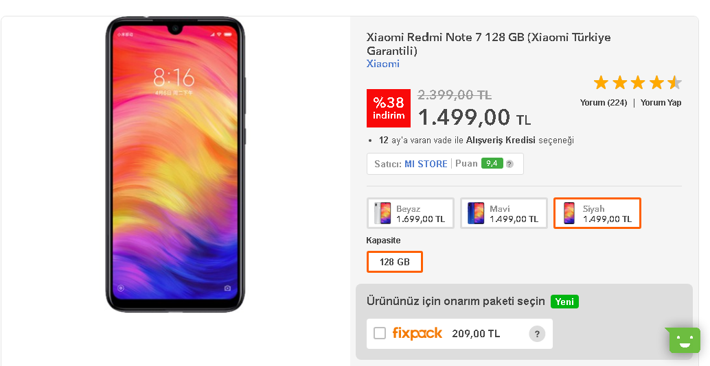 Xiaomi Redmi Note 7 128 GB 1.500 TL + Kargo HB (Xiaomi Türkiye Garantili)