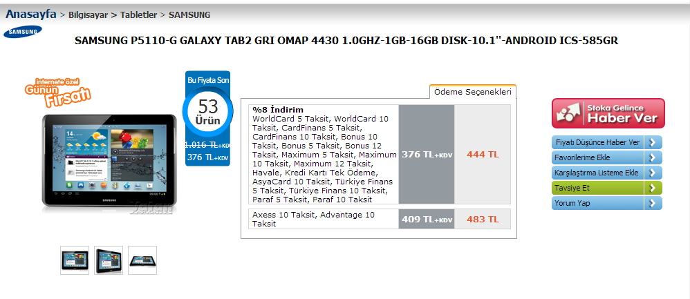  SAMSUNG P5110-G GALAXY TAB2 VATAN'da 444 TL SICAK GİBİ