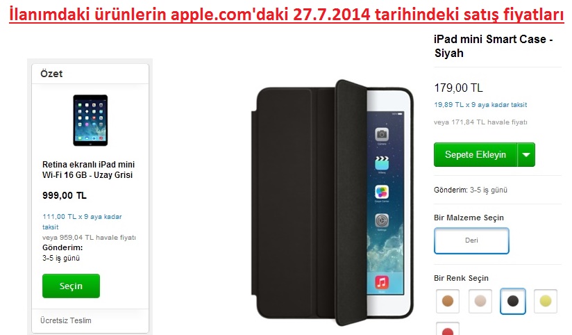  SATILIK (SIFIR) IPAD MINI RETINA 16 GB WIFI - 17 AY GARANTİ + IPAD MINI SMART CASE