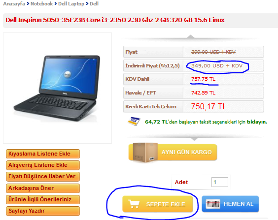  Dell marka i3 Laptop 349$