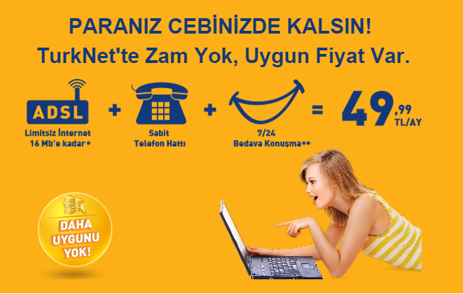  Telefonsuz yalın adsl 49 TL 16 mbps