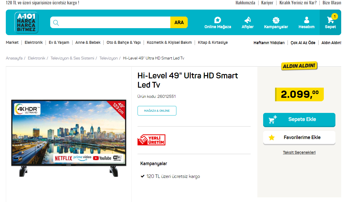 Hi level  49 İNÇ 4k tv 2099 tl (a101)  23 Nisan 2020