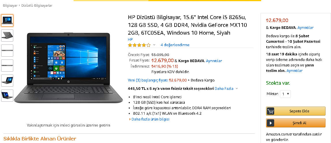 amazontr HP 15-DA1065NT 6TC05EA i5-8265U 2.680 TL - HP 15-ec0014nt 4.300 TL