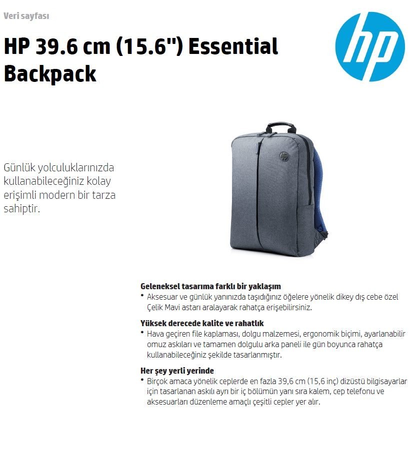 HP 15.6 İnç Essential Sırt Çantası (Sıfır ürün & ücretsiz kargo)