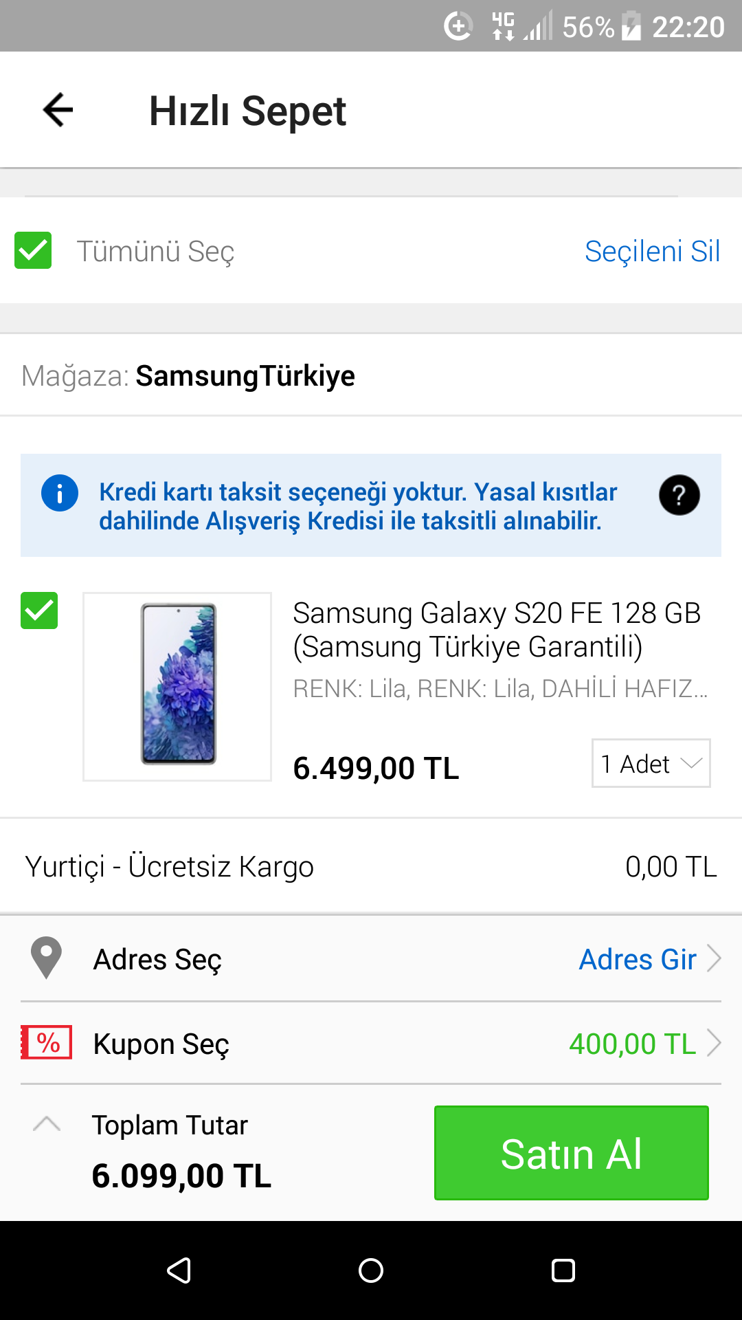 N11 Samsung Galaxy S20 FE + buds. 400 tl indirim