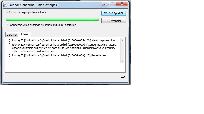  OUTLOOK 2010 GÖNDERME ALMA HATASI