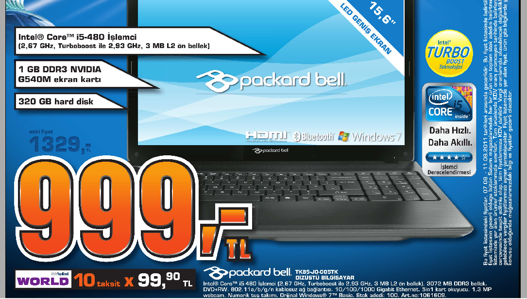  Packard Bell TK85 | Core i5 480M | GT 540M | 3 GB DDR3 | 320 GB | W7 Basic | 999 TL