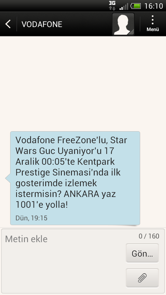 Vodafone Freezone Star Wars gelen mesaj