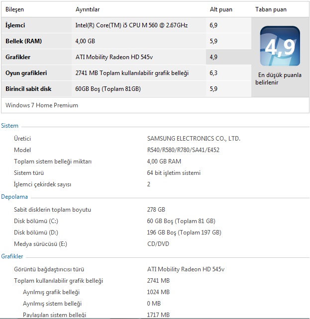  1500 TL YE Samsung R540-JS0CTR Intel Core i5 560M 2.66GHZ 4GB 320GB 15.6'