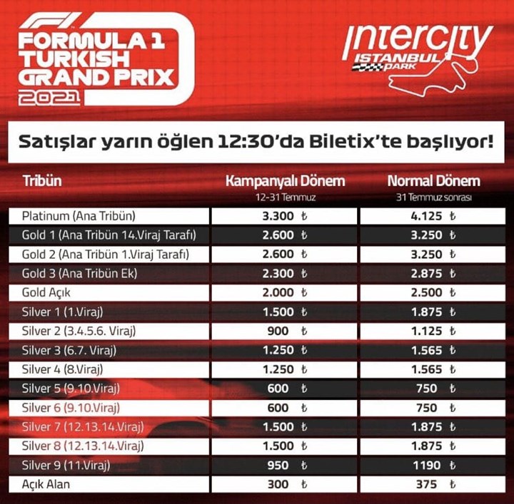 F1 İstanbul bilet fiyatları belli oldu