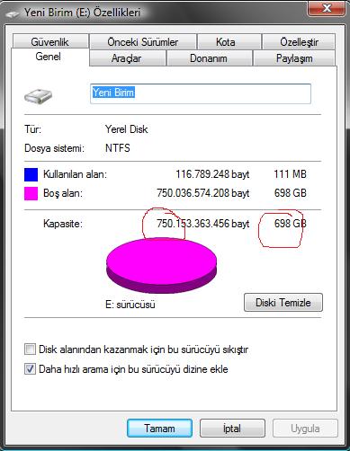  750 gb boş disk 698 gb görünmrsi normalmi