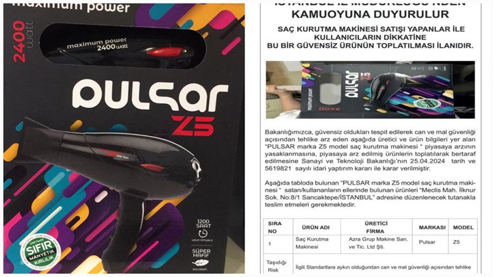 Pulsar Z5 saç kurutma makinesi can güvenliği gerekçesiyle toplatılıyor