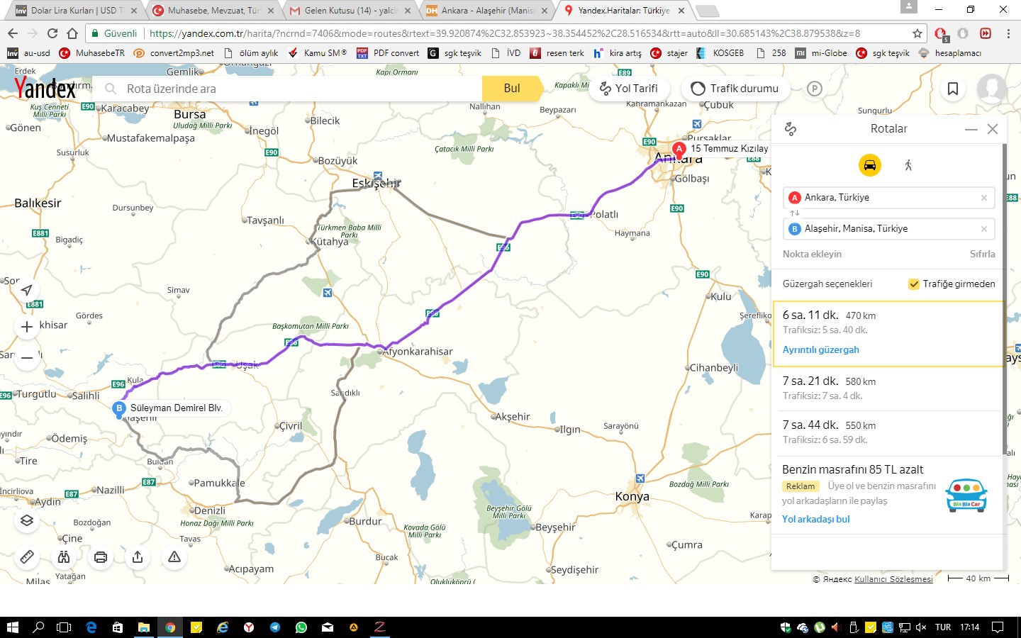 Ankara - Alaşehir (Manisa) Güzergah yardımı.