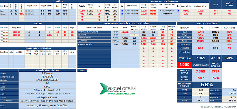 Excel'de Matbaa Fiyat Hesaplama Programı