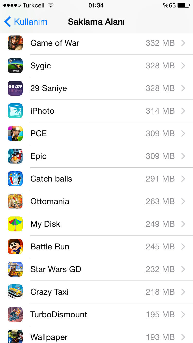  16 GB iPhonemdeki uygulamalarım ve kalan boş alan.[SS]