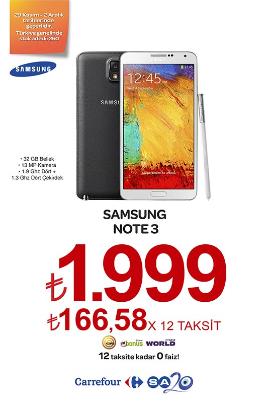  Samsung Galaxy Note 3 1999 TL - 12 Taksit | CarrefourSA Online