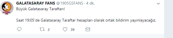 19:05 Twitter Galatasaray taraftar gurupları ortak bildiri #GalatasarayOmuzOmuza