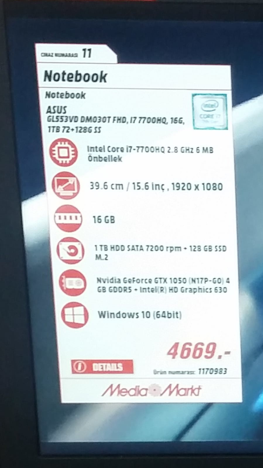 ASUS - I7 7700HQ 2.8GHZ - GTX1050 4GB - 16GB RAM - 4669 TL