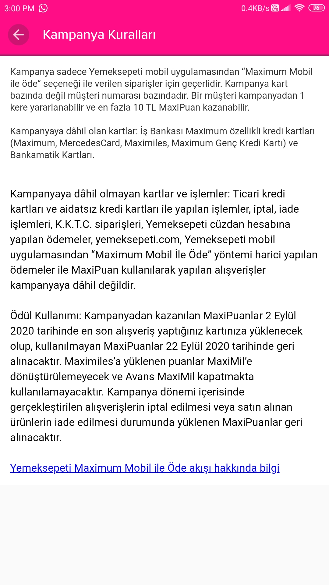 Yemeksepeti - Maximum Mobil ile Ödeyenlere 50/10 TL Maxipuan! AĞUSTOS 