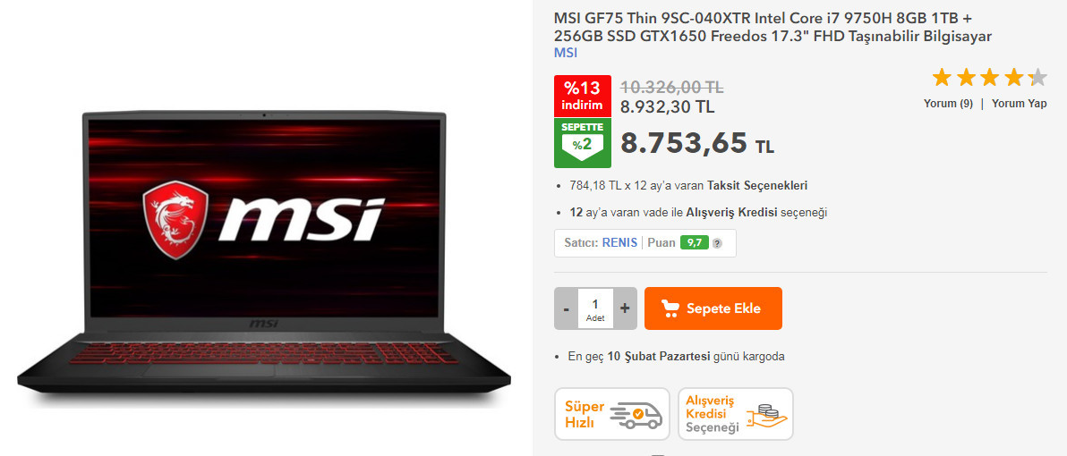[7065tl] MSI GF75 17.3" Gaming Laptop Intel Core i7-9750H 8GB RAM 512GB SSD 120Hz GTX 1660 Ti