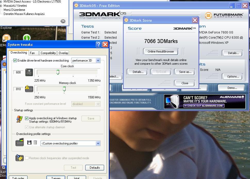  PALİT 7600GS SONİC PENCİL MOD 3D MARK 2005  7066 PUAN..