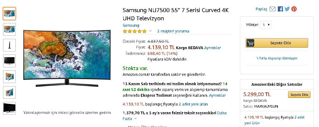 Samsung NU7500 55" 7 Serisi Curved 4K UHD Televizyon 4.140 TL amazon