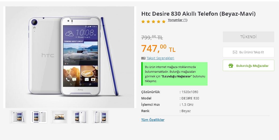 Htc Desire 830 Teknosa 747 TL (magazada) şişli istanbul