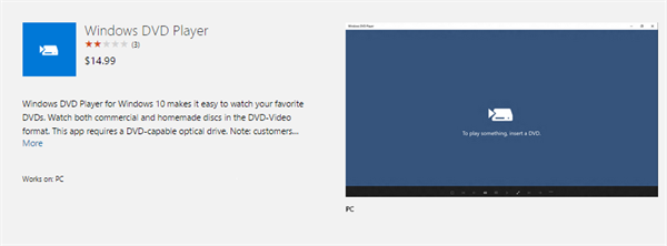 Windows 10 yükseltmesi ile ücretsiz gelen DVD Player uygulaması 15 dolardan satılıyor