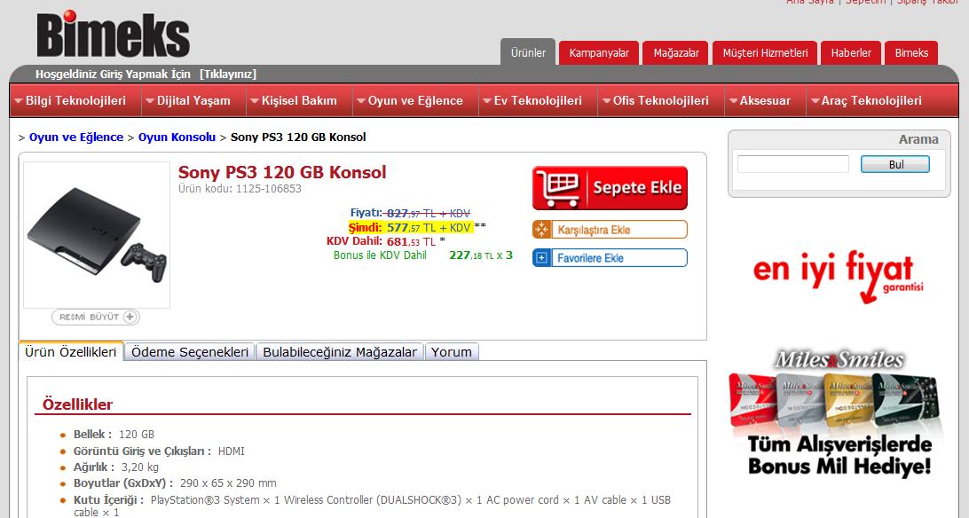  Sony PS3 120 GB Konsol BiMEKS'te 681.53TL