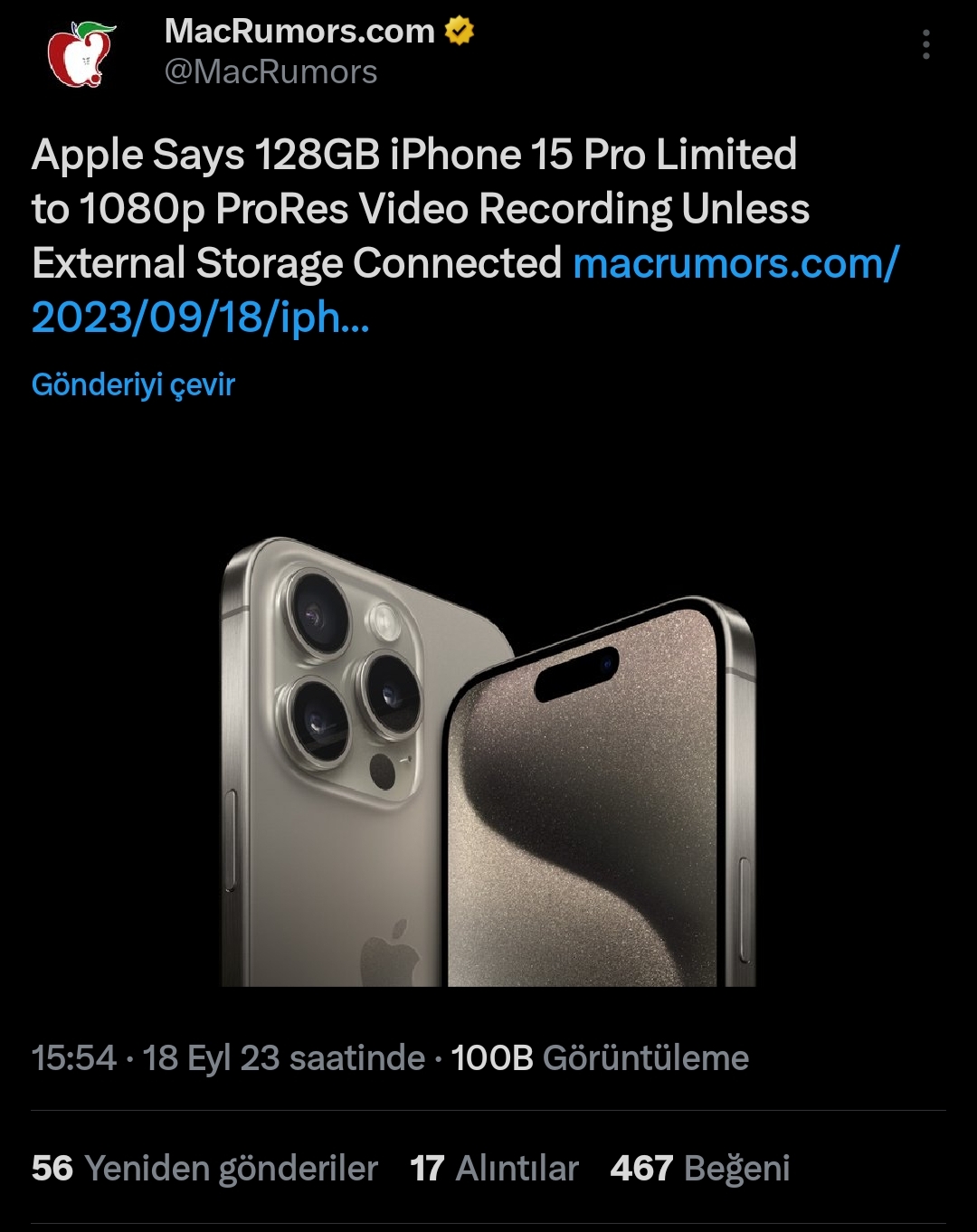 Apple Says 128GB iPhone 15 Pro Limited to 1080p ProRes Video Recording  Unless External Storage Connected - MacRumors