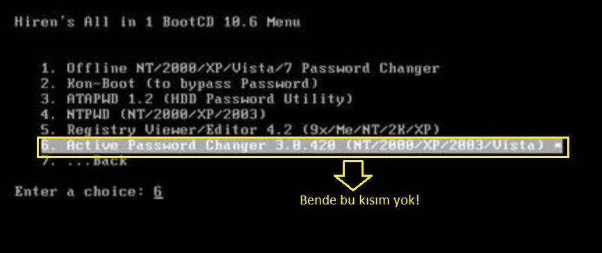  Hiren's BootCD programında sorun! (Administrator şifresini kıramıyorum)