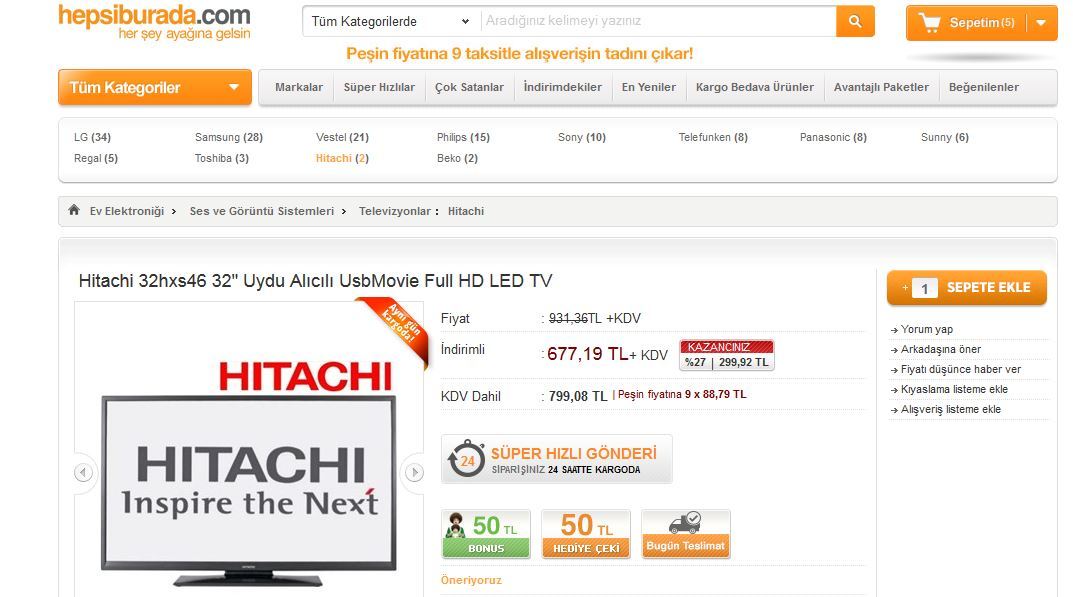  Hitachi 32hxs46 32' Uydu Alıcılı UsbMovie Full HD LED TV  799 tl (hb) 50 tl bonus