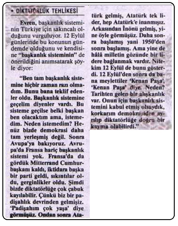  Başkanlık Sistemini Kenan Evren Bile İstememiş