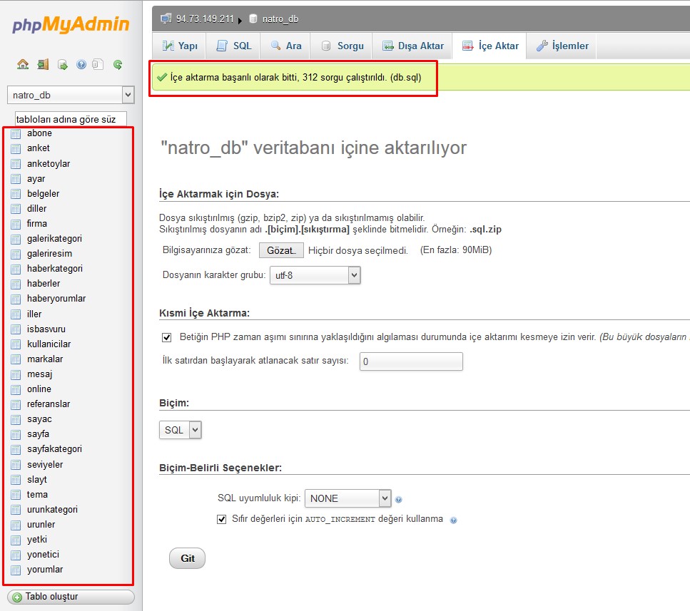  PHPMyAdmin'de Veritabanı Yedeği İçe Aktarma İşlemi