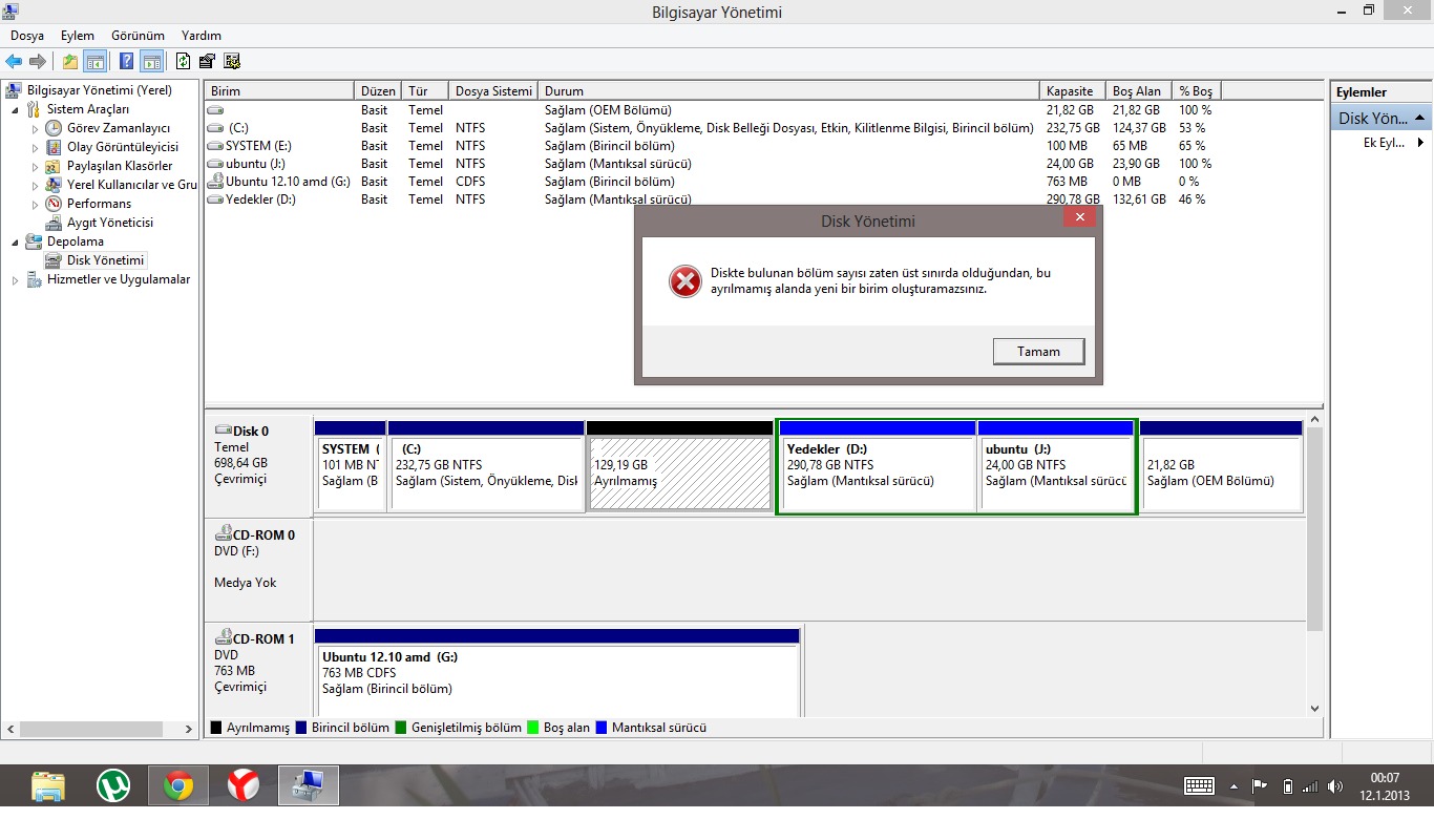  Windows 8 disk bölümleme hatası