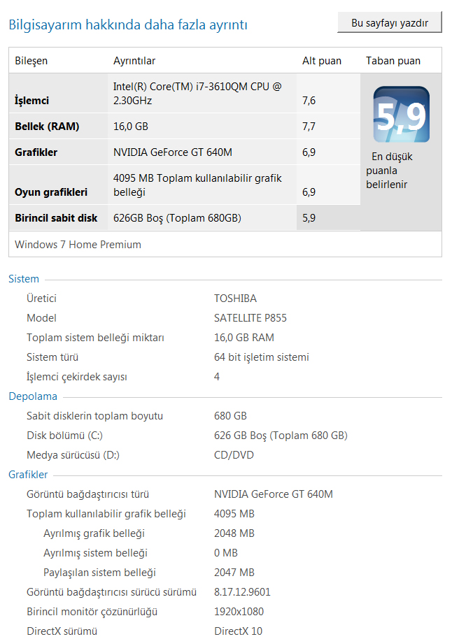  Sıfır Toshiba Satellite P855 - Full HD 1080p - 3D Intel i7 - 16GB - 750GB - 2500TL