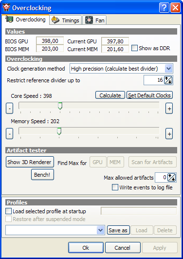  ATI radeon 9600 pro için o/c değerleri