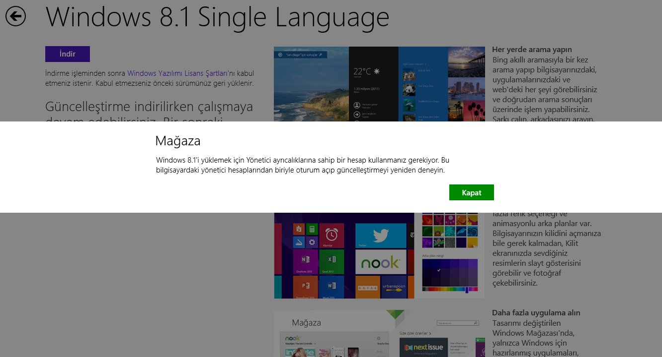  Windows 8.1 Güncelleme Yönetici Hesabı Hatası