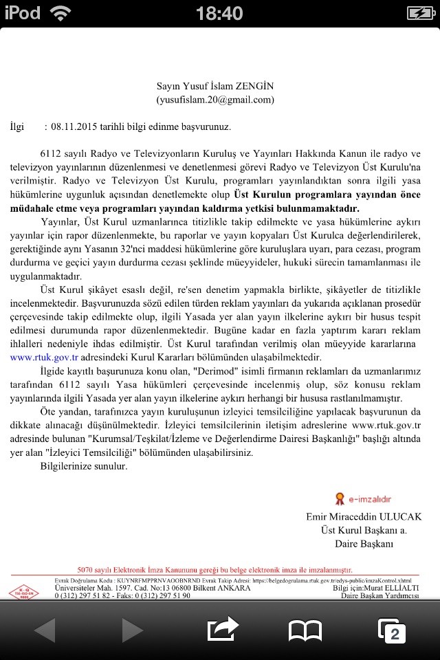  RTUK ü aradım. Reklam şikayet edilmiştir. CEVAP GELDİ.
