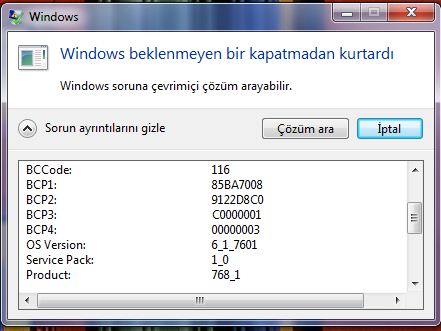  windows 7 garip mavi ekran hatası