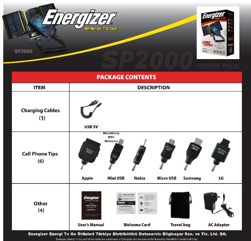  Energizer SP2000 şarj aleti (Güneş Enerjisi ile çalışır)
